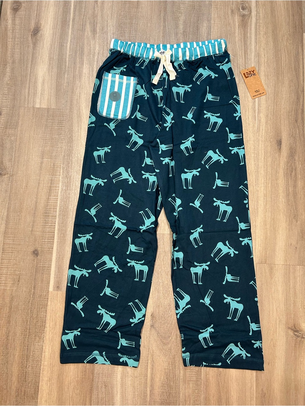 Lazy One Navy Sleep Pants with Teal Moose Print and Cream Drawstring